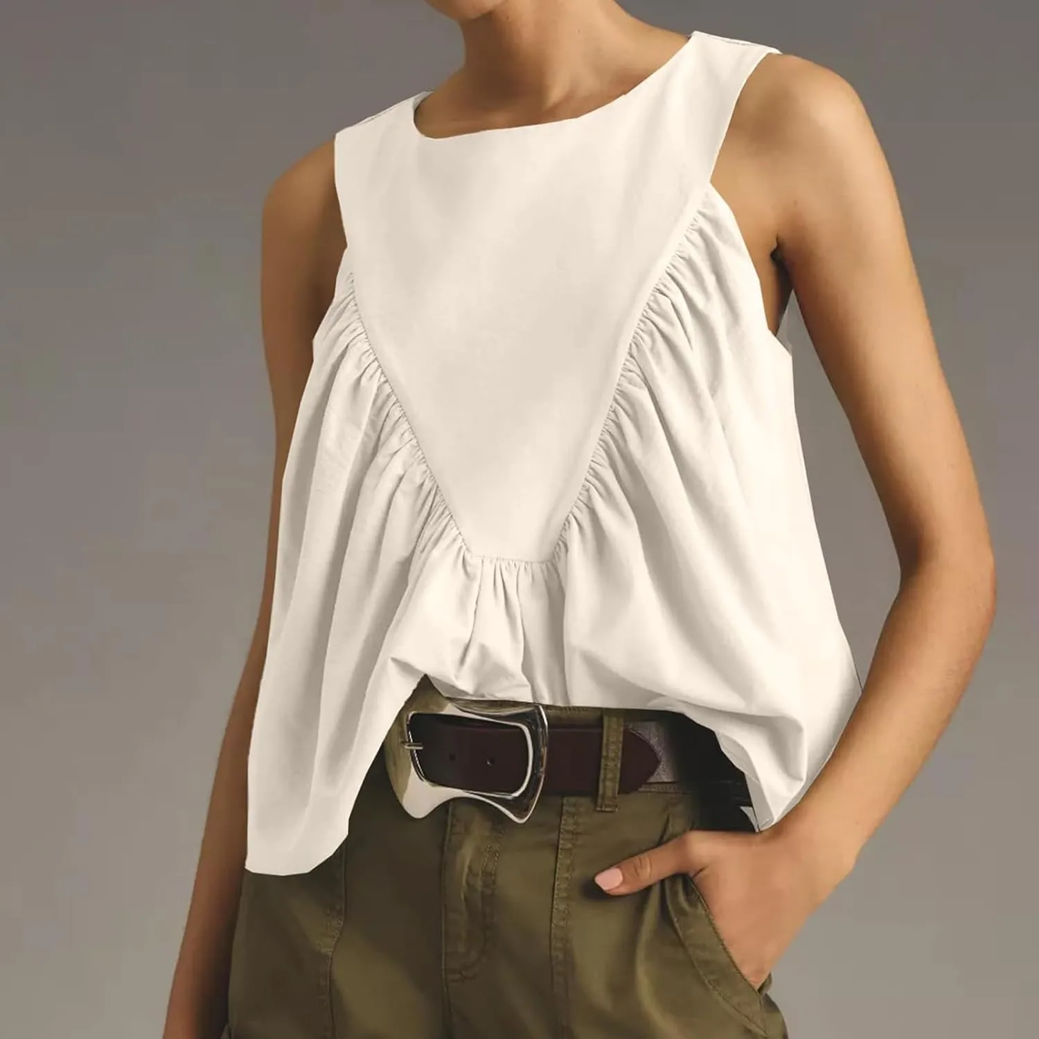 WOWULOVELY Womens Peplum Babydoll Tops Shirred Swing Tank Summer Sleeveless Pleated Flowy Vest Loose Ruffled Casual T-Shirts
