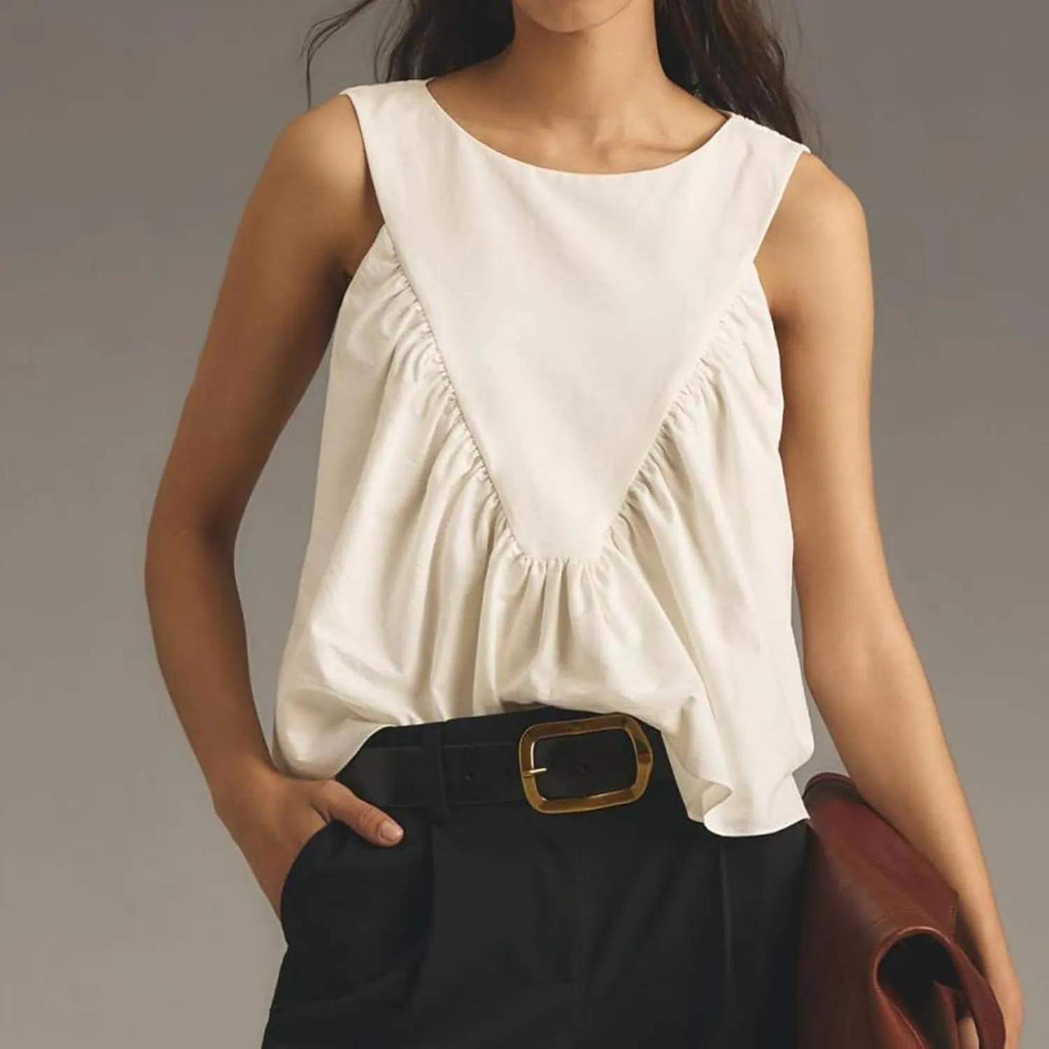 WOWULOVELY Womens Peplum Babydoll Tops Shirred Swing Tank Summer Sleeveless Pleated Flowy Vest Loose Ruffled Casual T-Shirts