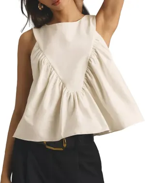 WOWULOVELY Womens Peplum Babydoll Tops Shirred Swing Tank Summer Sleeveless Pleated Flowy Vest Loose Ruffled Casual T-Shirts