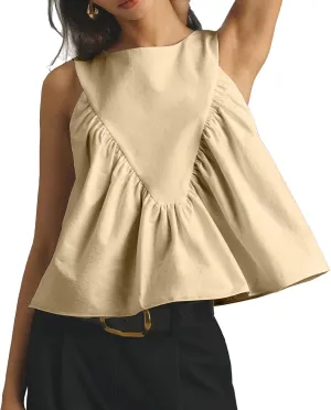 WOWULOVELY Womens Peplum Babydoll Tops Shirred Swing Tank Summer Sleeveless Pleated Flowy Vest Loose Ruffled Casual T-Shirts