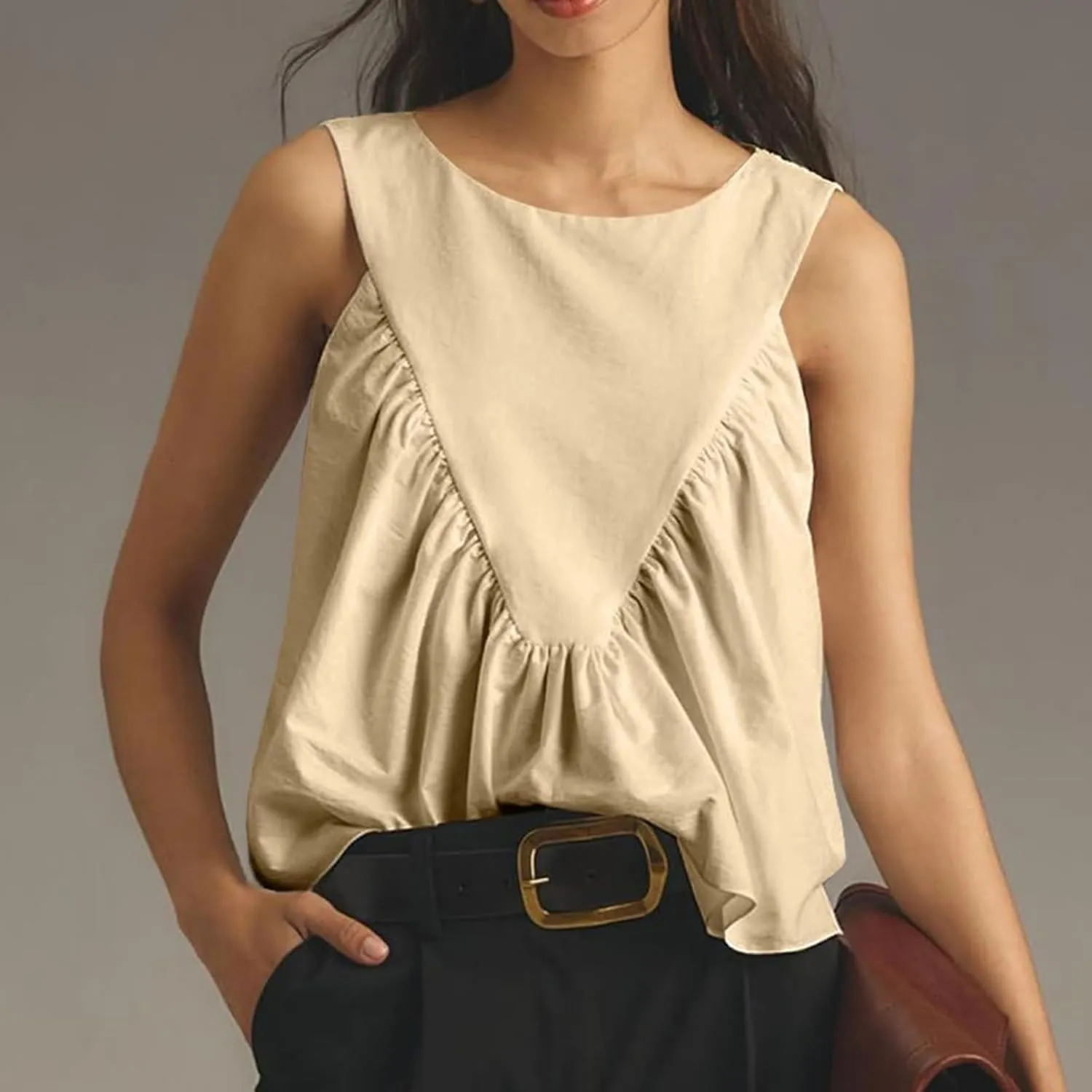WOWULOVELY Womens Peplum Babydoll Tops Shirred Swing Tank Summer Sleeveless Pleated Flowy Vest Loose Ruffled Casual T-Shirts