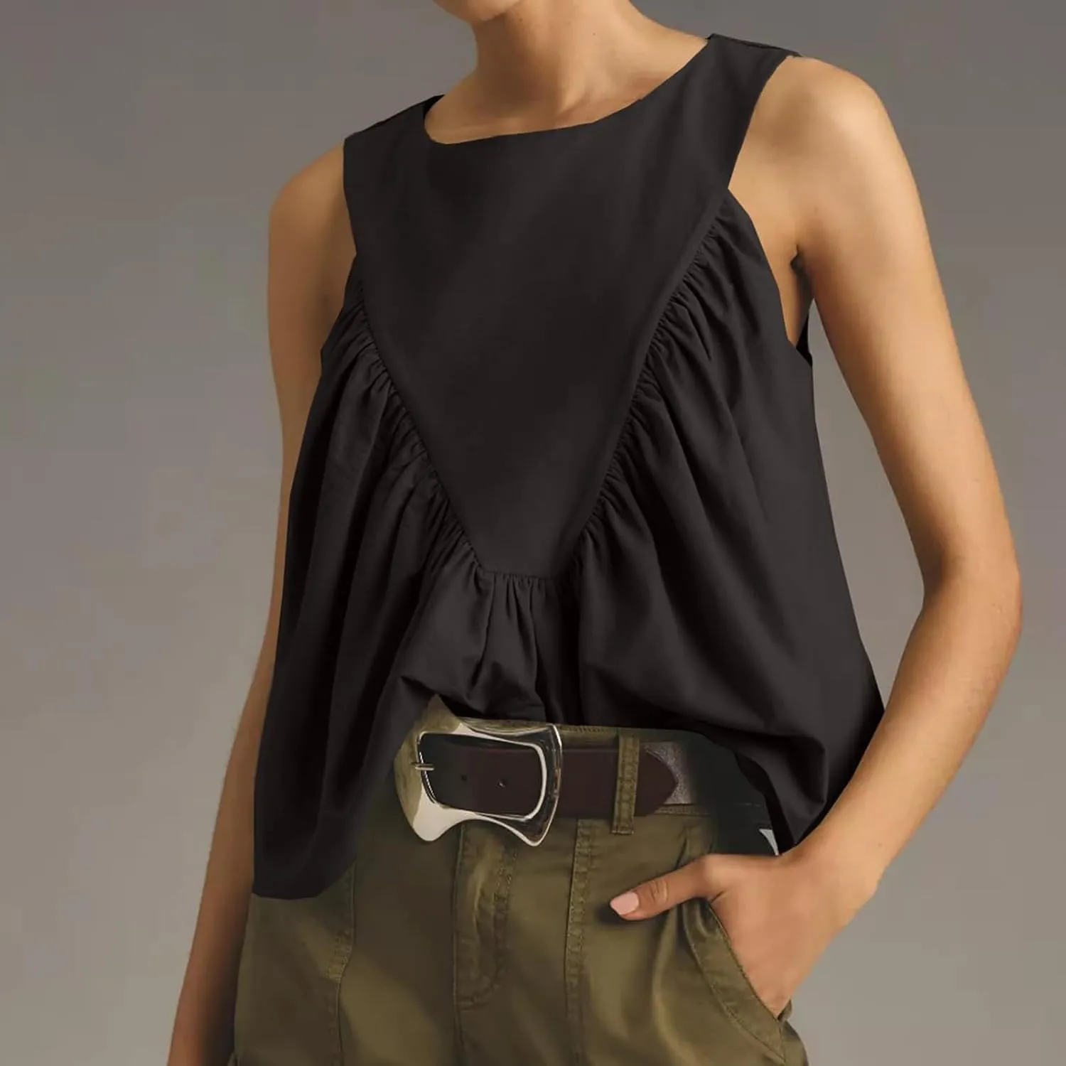 WOWULOVELY Womens Peplum Babydoll Tops Shirred Swing Tank Summer Sleeveless Pleated Flowy Vest Loose Ruffled Casual T-Shirts