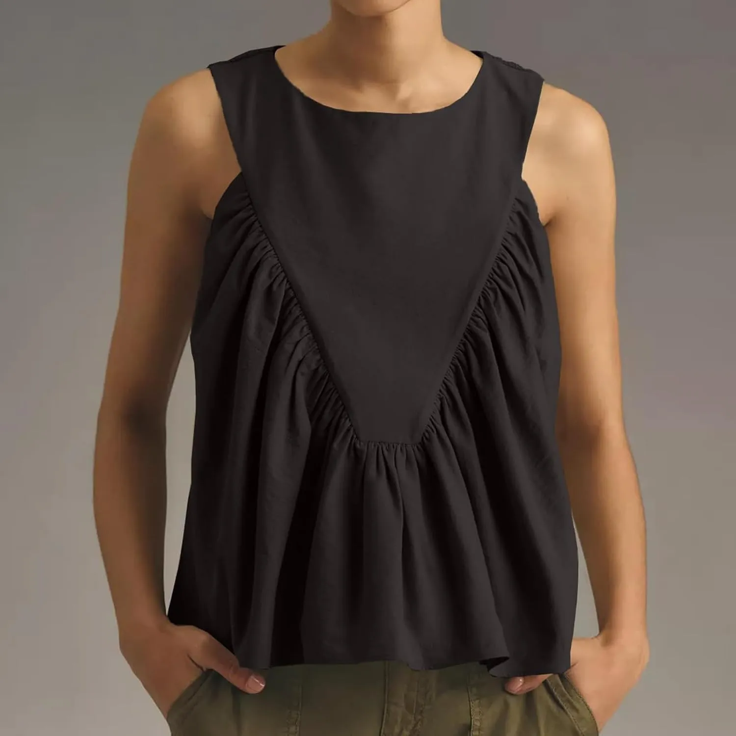 WOWULOVELY Womens Peplum Babydoll Tops Shirred Swing Tank Summer Sleeveless Pleated Flowy Vest Loose Ruffled Casual T-Shirts