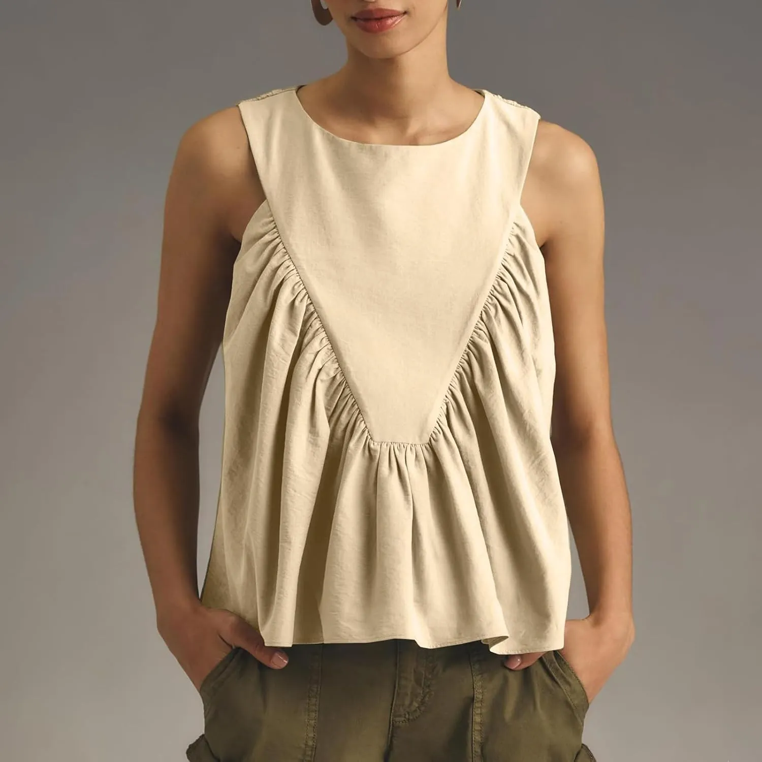 WOWULOVELY Womens Peplum Babydoll Tops Shirred Swing Tank Summer Sleeveless Pleated Flowy Vest Loose Ruffled Casual T-Shirts