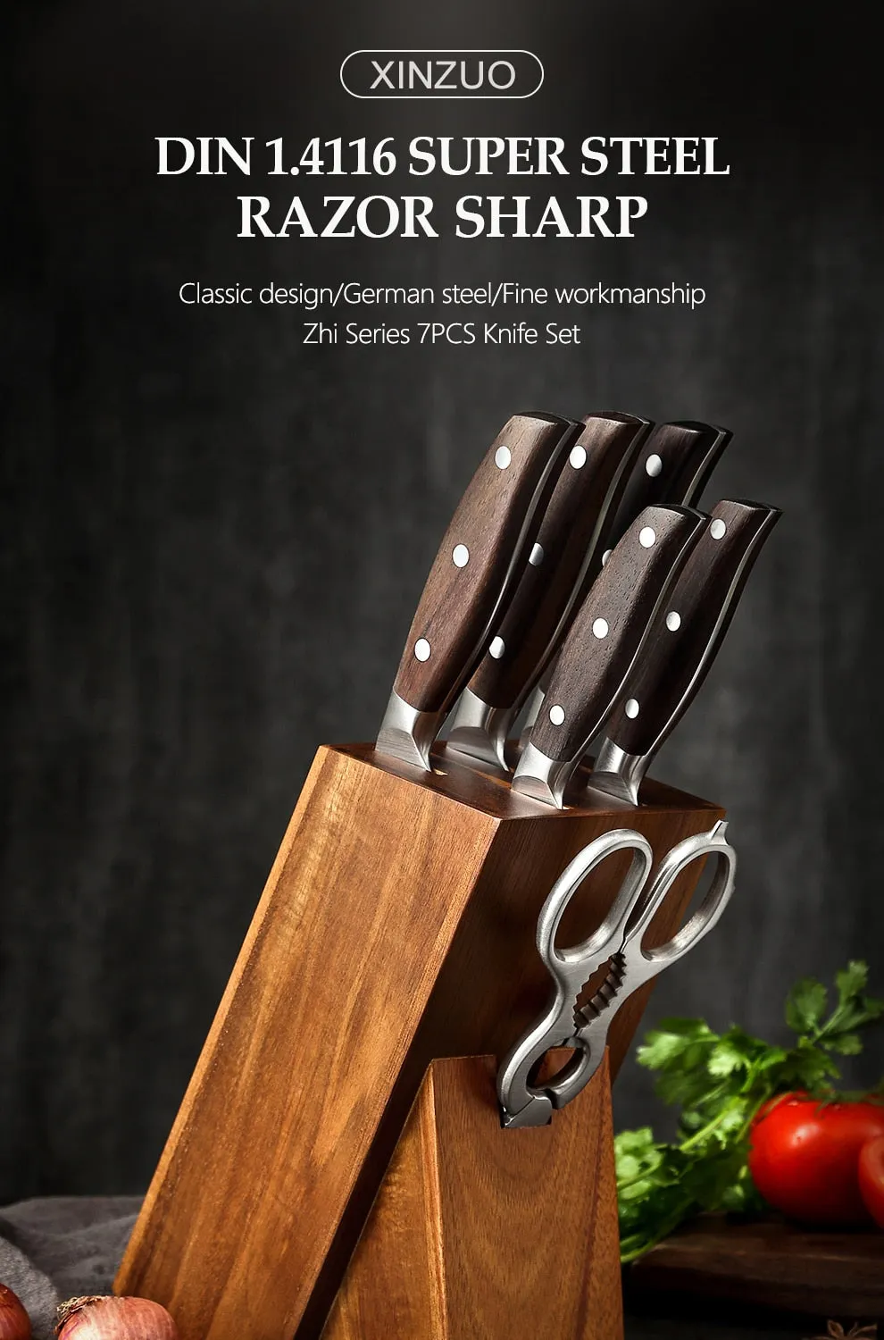 XINZUO 7PCs Kitchen Knife Set Forged German 1.4116 Stainless Steel Kitchen Sharp Chef Santoku Paring Knife Sets Household Tools