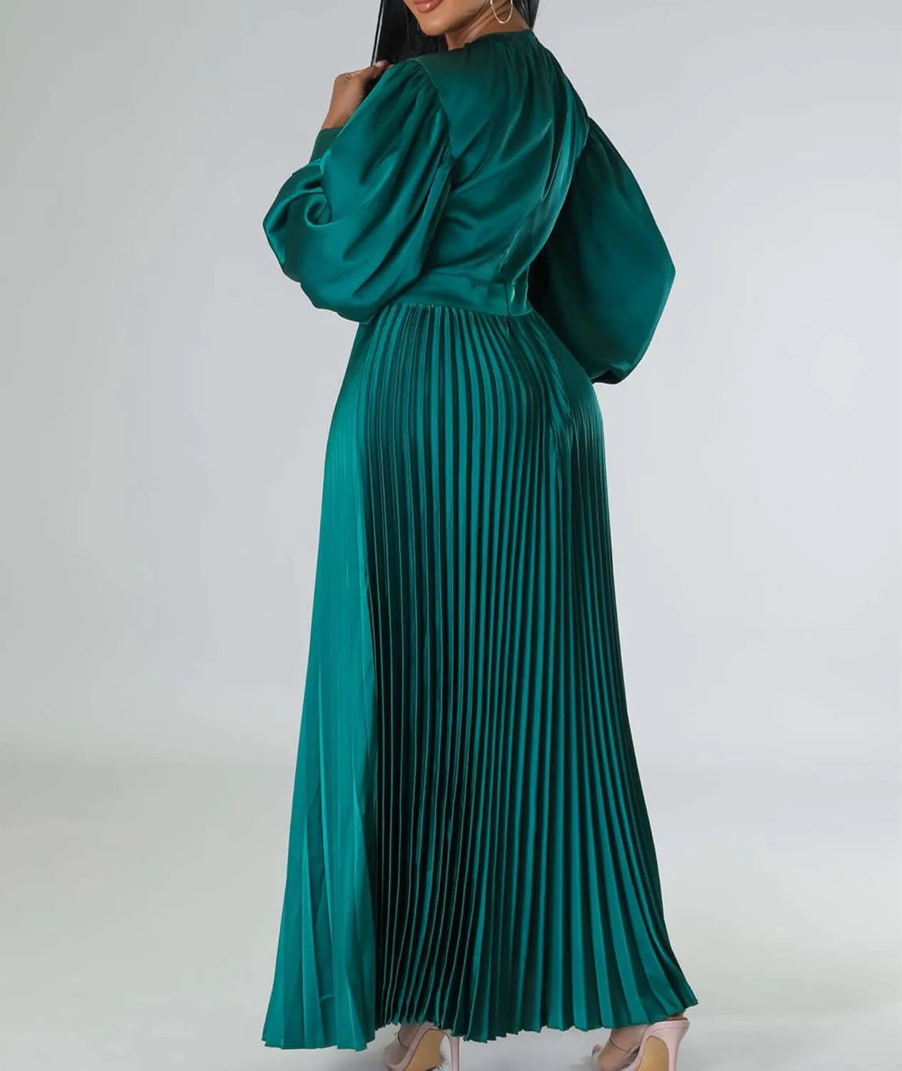 xxxiticat Women's Pleated Satin Party Dress Long Lantern Sleeve Maxi African Dresses