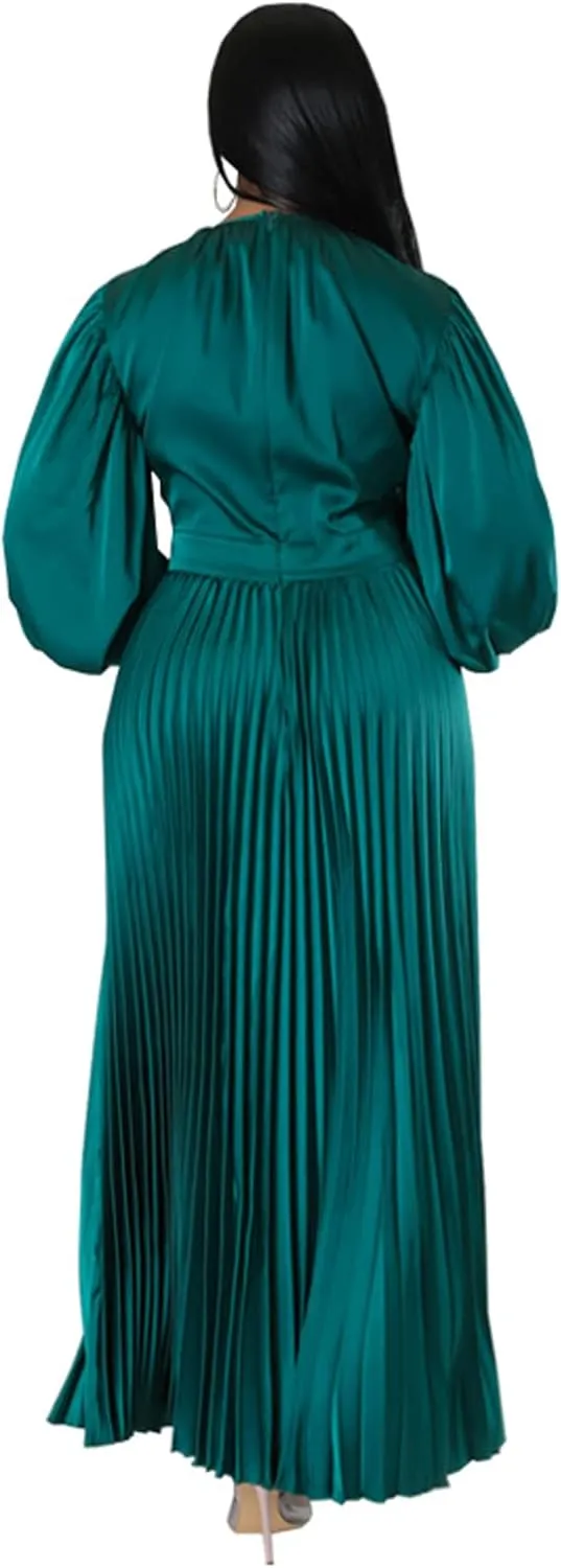 xxxiticat Women's Pleated Satin Party Dress Long Lantern Sleeve Maxi African Dresses