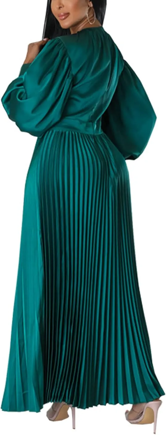xxxiticat Women's Pleated Satin Party Dress Long Lantern Sleeve Maxi African Dresses