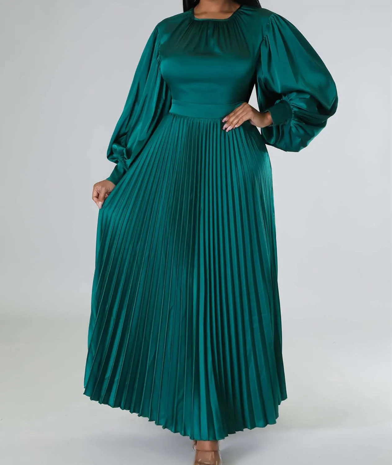 xxxiticat Women's Pleated Satin Party Dress Long Lantern Sleeve Maxi African Dresses