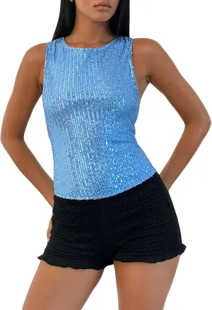 Y2k Sequin Tank Tops Women Sexy Sleeveless Bling Glitter Camisole Sparkly Slim Crop Cami Going Out Party Vest