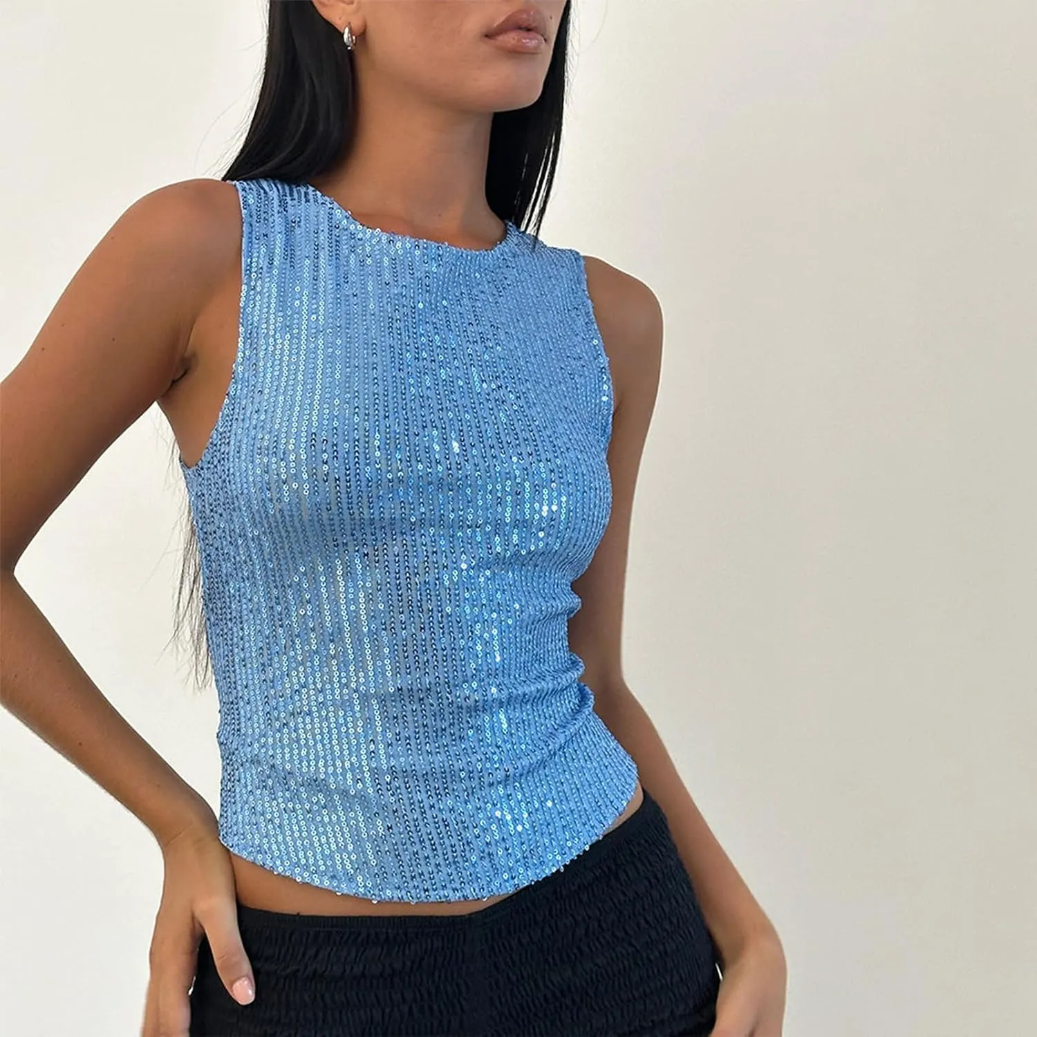 Y2k Sequin Tank Tops Women Sexy Sleeveless Bling Glitter Camisole Sparkly Slim Crop Cami Going Out Party Vest