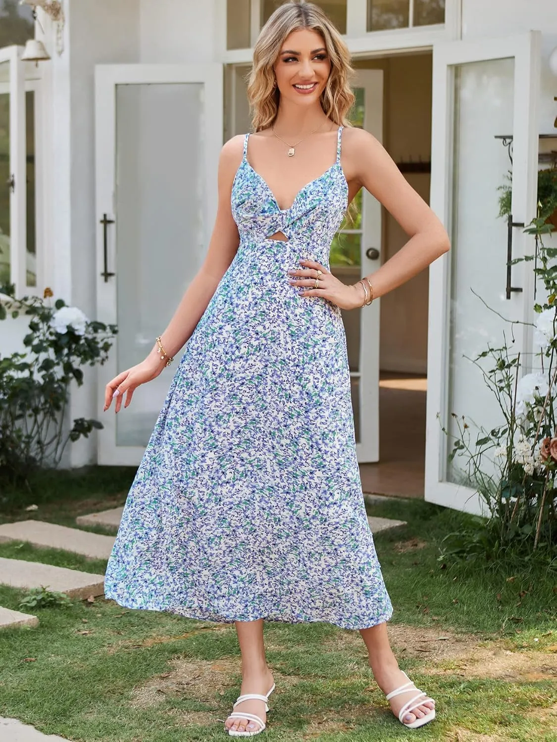 ZAFUL Women's Spaghetti Strap Floral Summer Hollow Twist Front Maxi Dresses Sexy Cutout V Neck Backless Vacation Dress