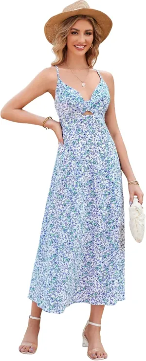 ZAFUL Women's Spaghetti Strap Floral Summer Hollow Twist Front Maxi Dresses Sexy Cutout V Neck Backless Vacation Dress