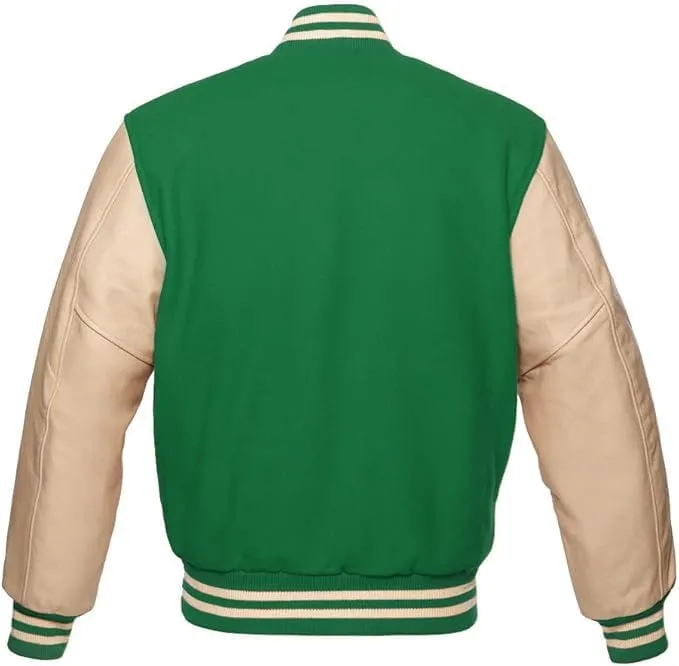 Zaine Enterprises Men's Classic Varsity Letterman Jacket - Multiy Wool Body & Cream Leather Sleeves Vintage Baseball Style