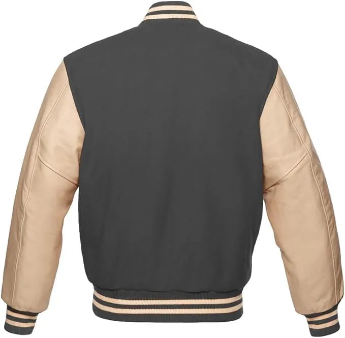 Zaine Enterprises Men's Classic Varsity Letterman Jacket - Multiy Wool Body & Cream Leather Sleeves Vintage Baseball Style