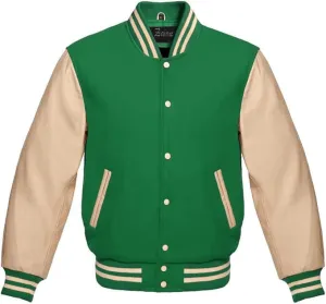 Zaine Enterprises Men's Classic Varsity Letterman Jacket - Multiy Wool Body & Cream Leather Sleeves Vintage Baseball Style