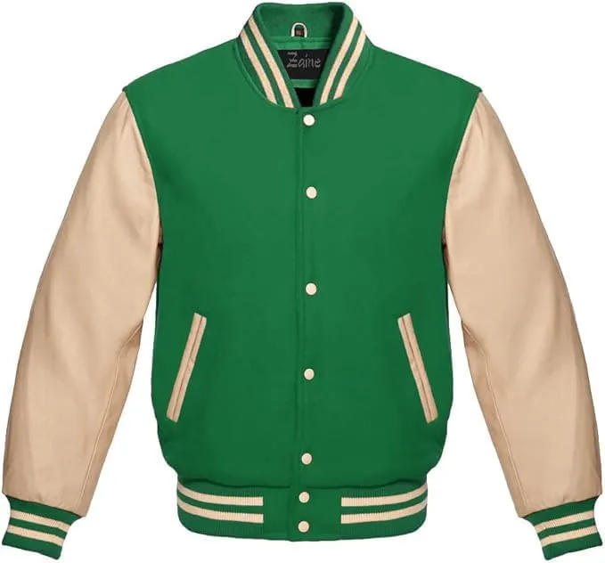 Zaine Enterprises Men's Classic Varsity Letterman Jacket - Multiy Wool Body & Cream Leather Sleeves Vintage Baseball Style