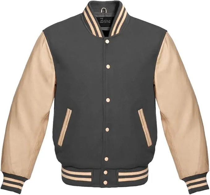 Zaine Enterprises Men's Classic Varsity Letterman Jacket - Multiy Wool Body & Cream Leather Sleeves Vintage Baseball Style