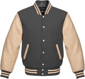 Zaine Enterprises Men's Classic Varsity Letterman Jacket - Multiy Wool Body & Cream Leather Sleeves Vintage Baseball Style