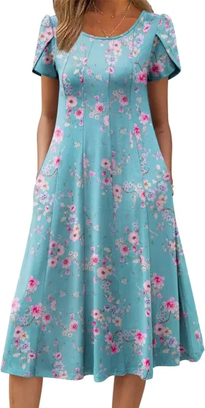 Zeagoo Womens Casual Dresses for Summer Short Sleeve Flare Midi Dress Loose Flowy Beach Sundress