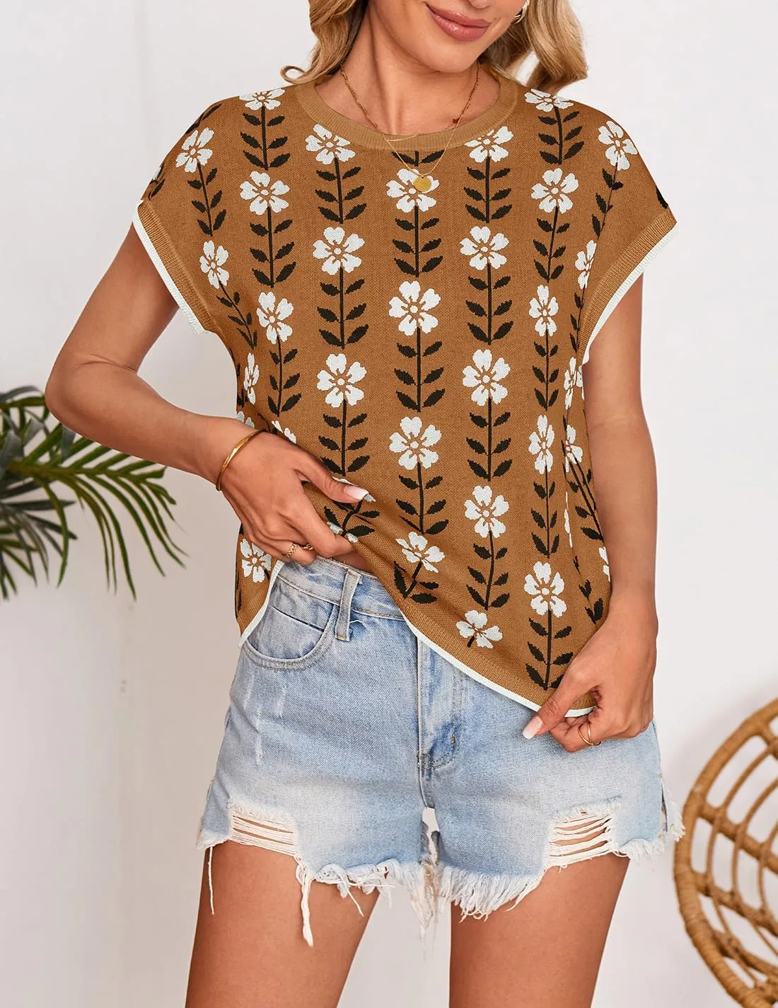 ZESICA Womens Summer Casual Printed Tops Cap Sleeve Crew Neck Cute Knit Sweaters 2025 Trendy Clothes Outfits