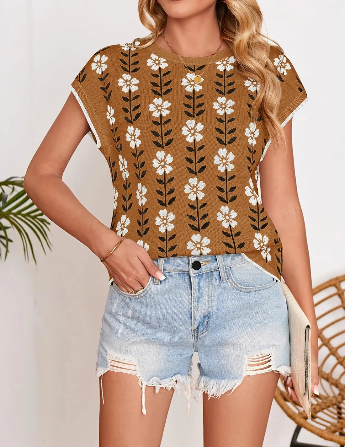 ZESICA Womens Summer Casual Printed Tops Cap Sleeve Crew Neck Cute Knit Sweaters 2025 Trendy Clothes Outfits