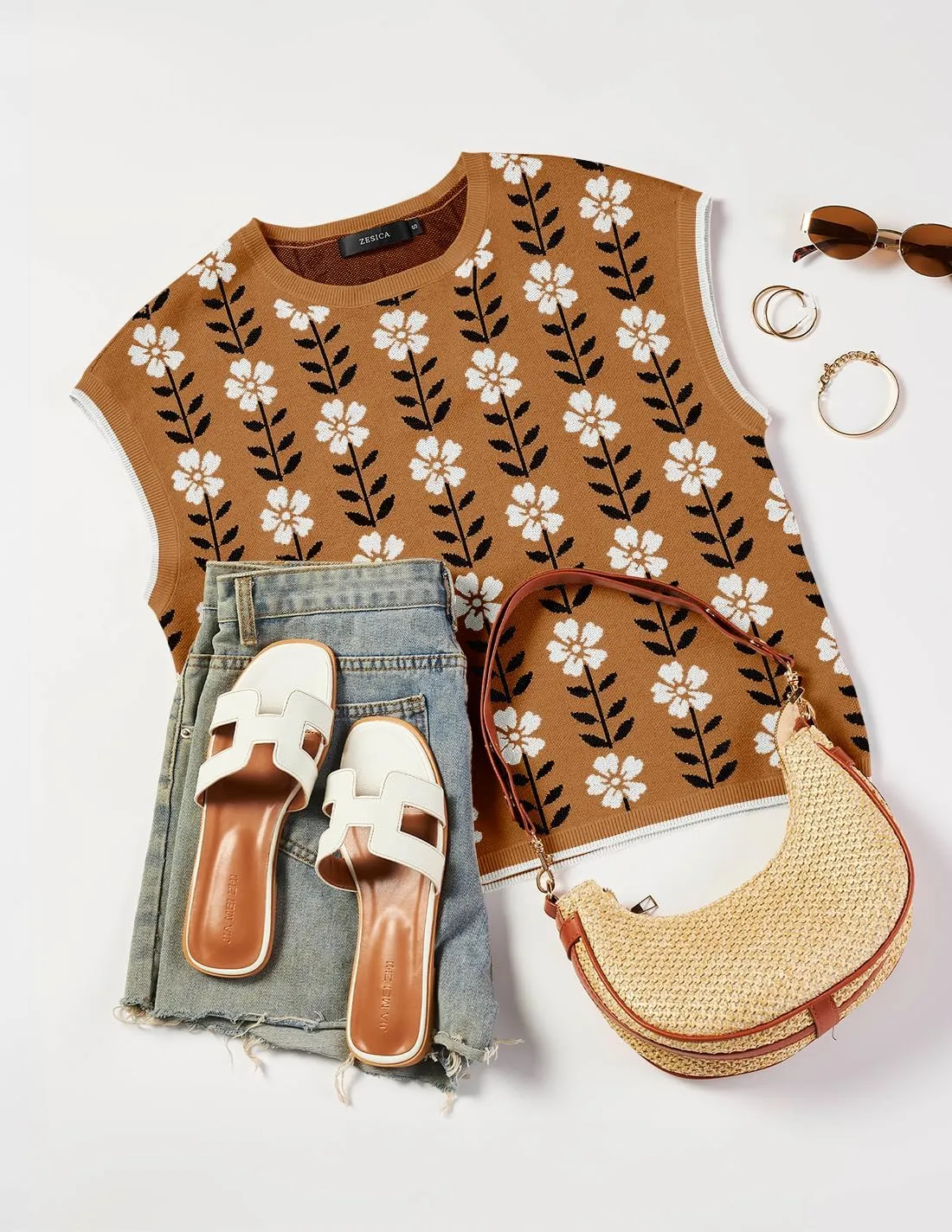 ZESICA Womens Summer Casual Printed Tops Cap Sleeve Crew Neck Cute Knit Sweaters 2025 Trendy Clothes Outfits
