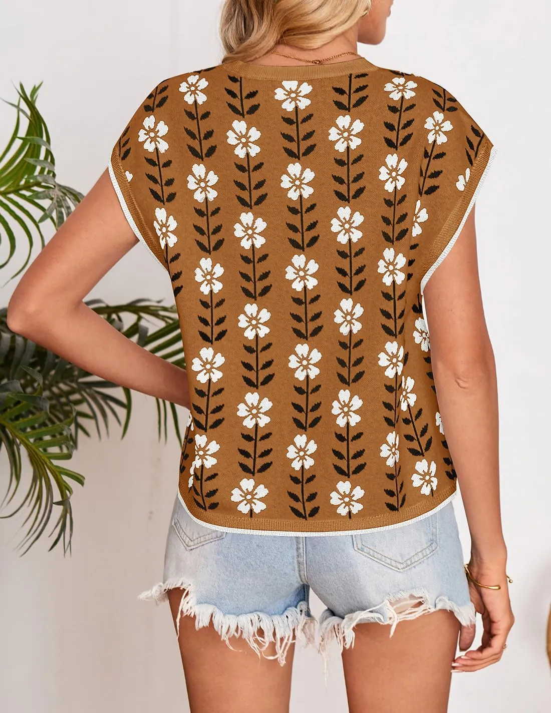ZESICA Womens Summer Casual Printed Tops Cap Sleeve Crew Neck Cute Knit Sweaters 2025 Trendy Clothes Outfits