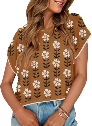 ZESICA Womens Summer Casual Printed Tops Cap Sleeve Crew Neck Cute Knit Sweaters 2025 Trendy Clothes Outfits