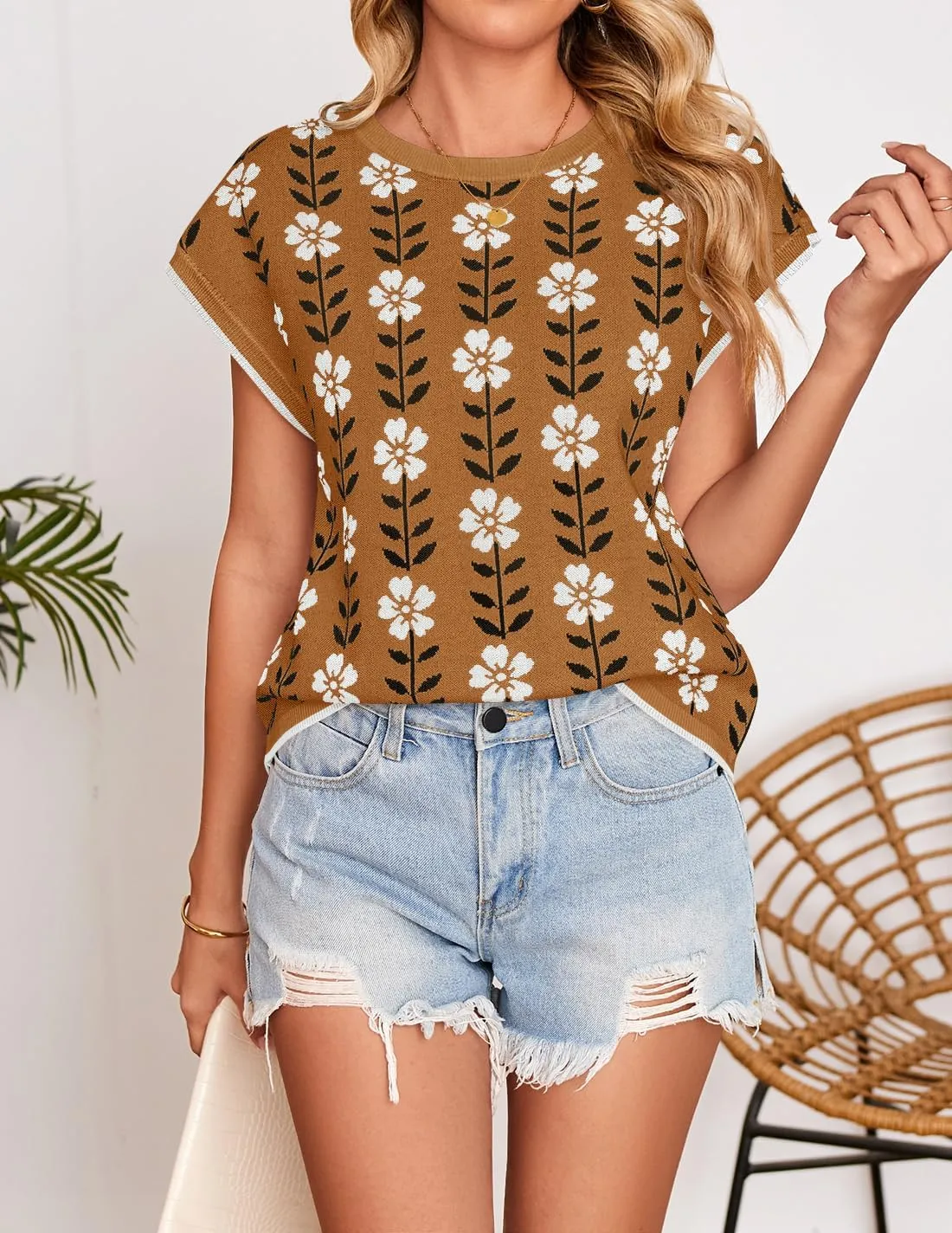 ZESICA Womens Summer Casual Printed Tops Cap Sleeve Crew Neck Cute Knit Sweaters 2025 Trendy Clothes Outfits