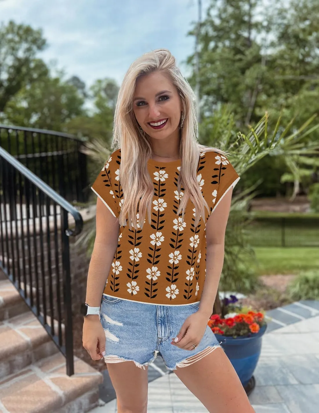 ZESICA Womens Summer Casual Printed Tops Cap Sleeve Crew Neck Cute Knit Sweaters 2025 Trendy Clothes Outfits