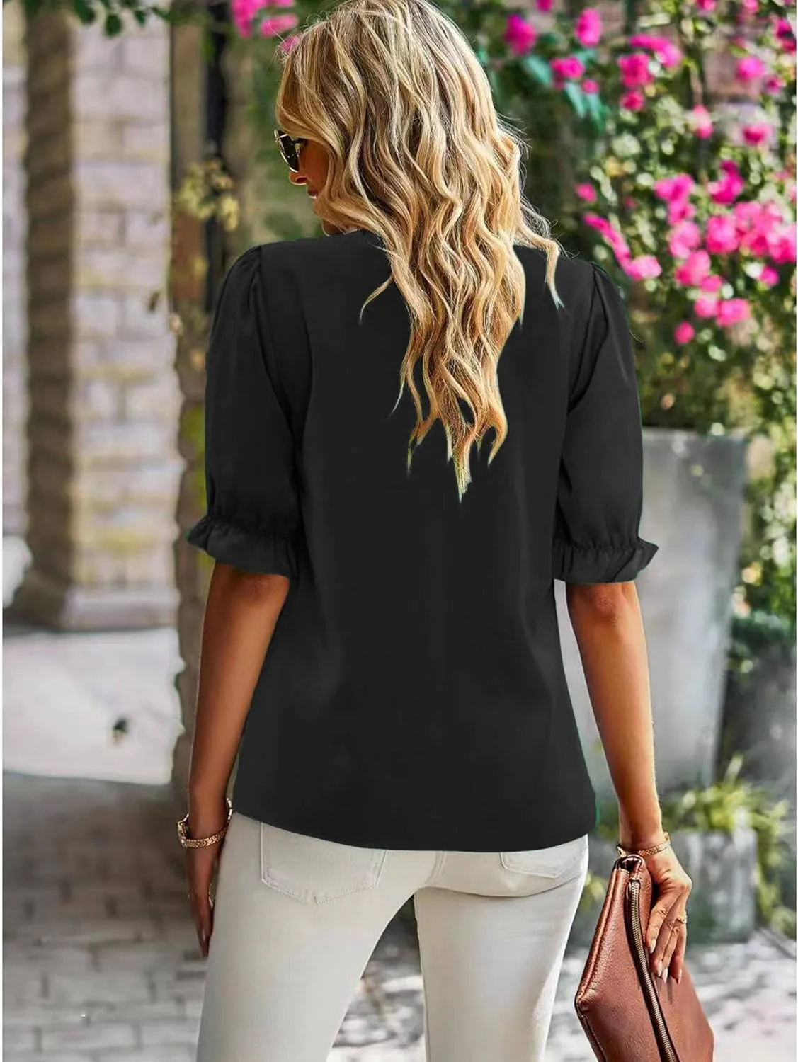 ZILIN Women's Summer Boho Floral Shirt Top Ruffle Mock Neck Puff Short Sleeve 2024 Casual Blouses