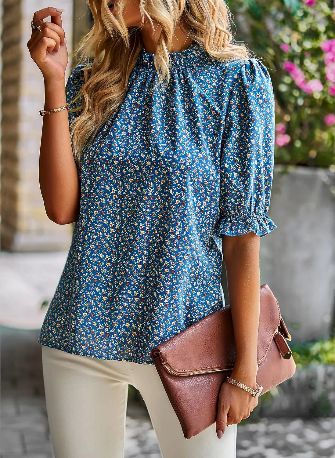 ZILIN Women's Summer Boho Floral Shirt Top Ruffle Mock Neck Puff Short Sleeve 2024 Casual Blouses