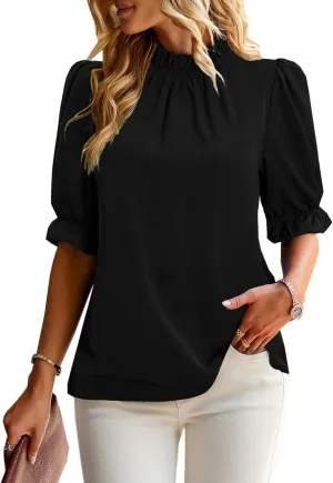 ZILIN Women's Summer Boho Floral Shirt Top Ruffle Mock Neck Puff Short Sleeve 2024 Casual Blouses