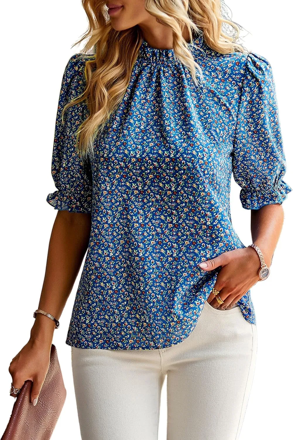 ZILIN Women's Summer Boho Floral Shirt Top Ruffle Mock Neck Puff Short Sleeve 2024 Casual Blouses