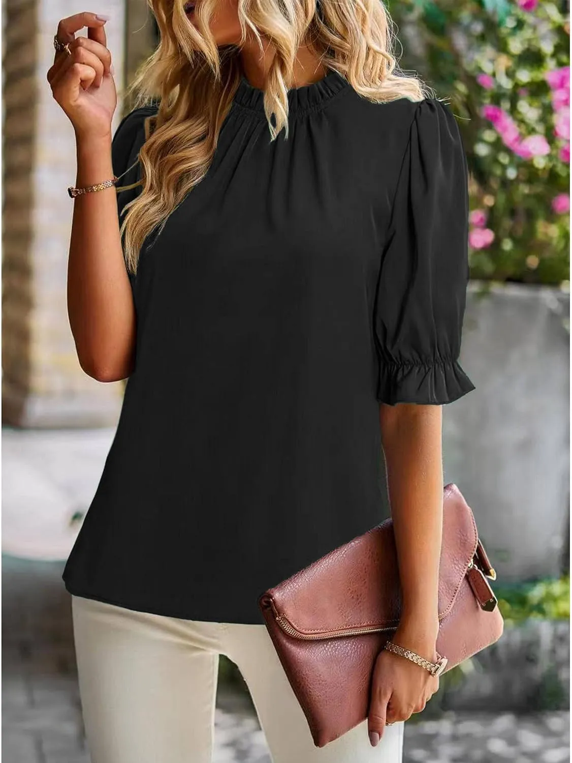 ZILIN Women's Summer Boho Floral Shirt Top Ruffle Mock Neck Puff Short Sleeve 2024 Casual Blouses