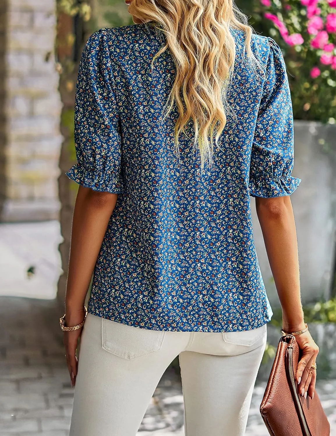 ZILIN Women's Summer Boho Floral Shirt Top Ruffle Mock Neck Puff Short Sleeve 2024 Casual Blouses