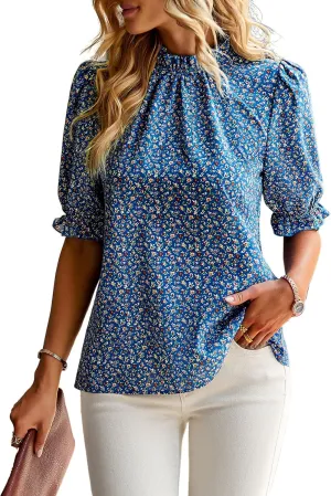 ZILIN Women's Summer Boho Floral Shirt Top Ruffle Mock Neck Puff Short Sleeve 2024 Casual Blouses