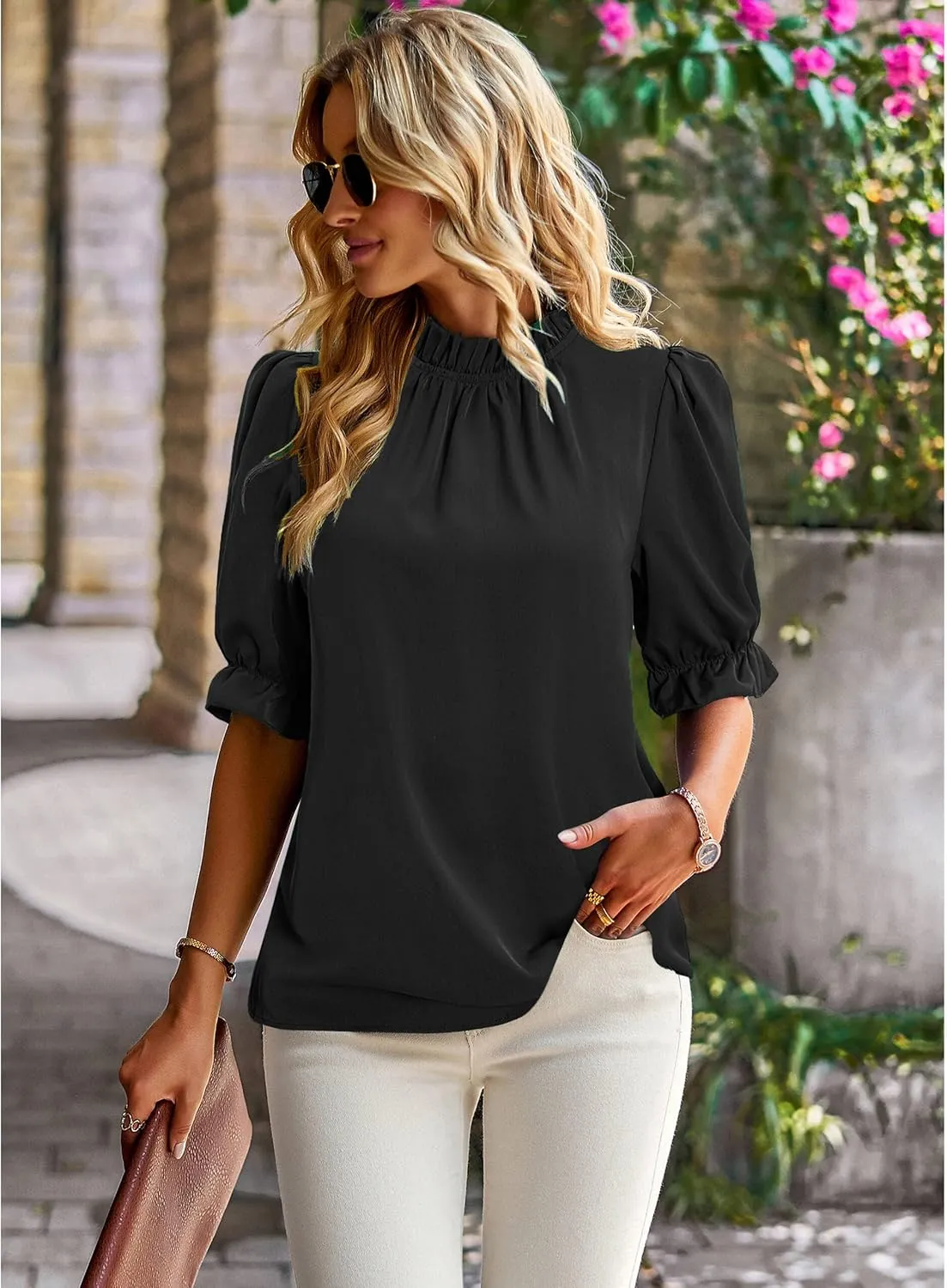 ZILIN Women's Summer Boho Floral Shirt Top Ruffle Mock Neck Puff Short Sleeve 2024 Casual Blouses
