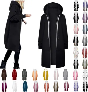 Zip Up Long Hoodies Womens Fleece Long Sleeve Oversized Jacket Fall Lightweight Tunic Hooded Sweatshirt with Pockets