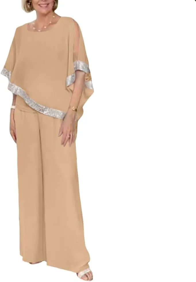 ZOCAVIA Womens Elegant Chiffon 2 Piece Flowy Sequin Cold Shoulder Asymmetrical Hem Blouses and Wide Leg Pant Suits