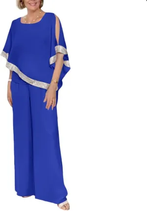 ZOCAVIA Womens Elegant Chiffon 2 Piece Flowy Sequin Cold Shoulder Asymmetrical Hem Blouses and Wide Leg Pant Suits