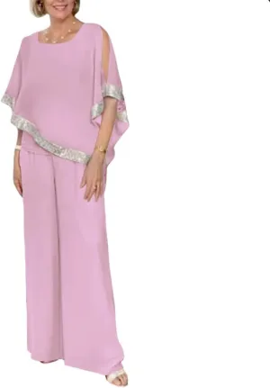 ZOCAVIA Womens Elegant Chiffon 2 Piece Flowy Sequin Cold Shoulder Asymmetrical Hem Blouses and Wide Leg Pant Suits