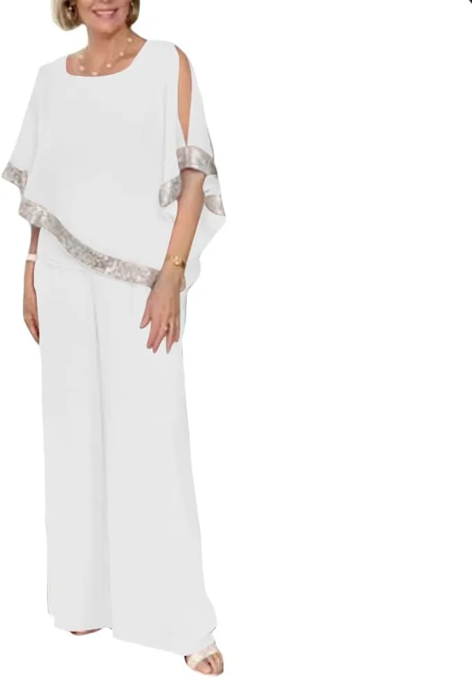 ZOCAVIA Womens Elegant Chiffon 2 Piece Flowy Sequin Cold Shoulder Asymmetrical Hem Blouses and Wide Leg Pant Suits