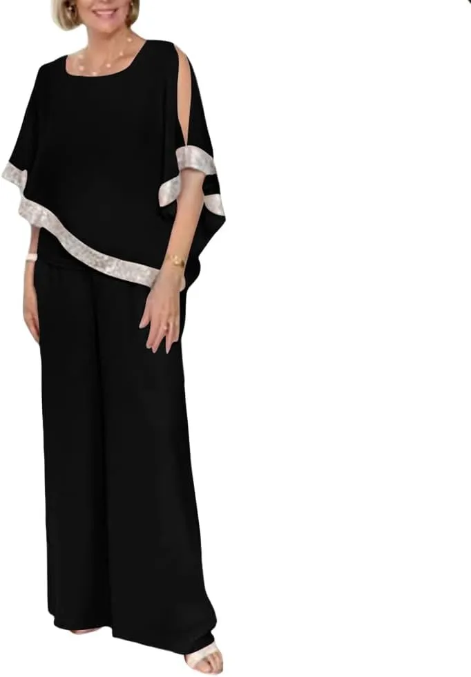 ZOCAVIA Womens Elegant Chiffon 2 Piece Flowy Sequin Cold Shoulder Asymmetrical Hem Blouses and Wide Leg Pant Suits