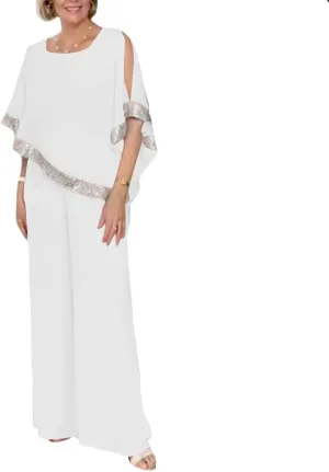 ZOCAVIA Womens Elegant Chiffon 2 Piece Flowy Sequin Cold Shoulder Asymmetrical Hem Blouses and Wide Leg Pant Suits