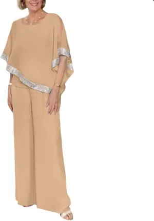 ZOCAVIA Womens Elegant Chiffon 2 Piece Flowy Sequin Cold Shoulder Asymmetrical Hem Blouses and Wide Leg Pant Suits