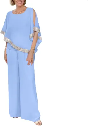 ZOCAVIA Womens Elegant Chiffon 2 Piece Flowy Sequin Cold Shoulder Asymmetrical Hem Blouses and Wide Leg Pant Suits