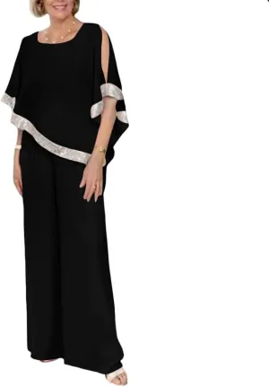 ZOCAVIA Womens Elegant Chiffon 2 Piece Flowy Sequin Cold Shoulder Asymmetrical Hem Blouses and Wide Leg Pant Suits